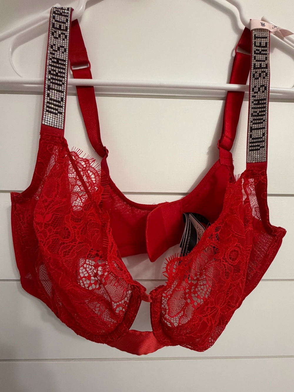 Victoria's Secret Red Lace Underwire Bra with Jeweled Logo Straps